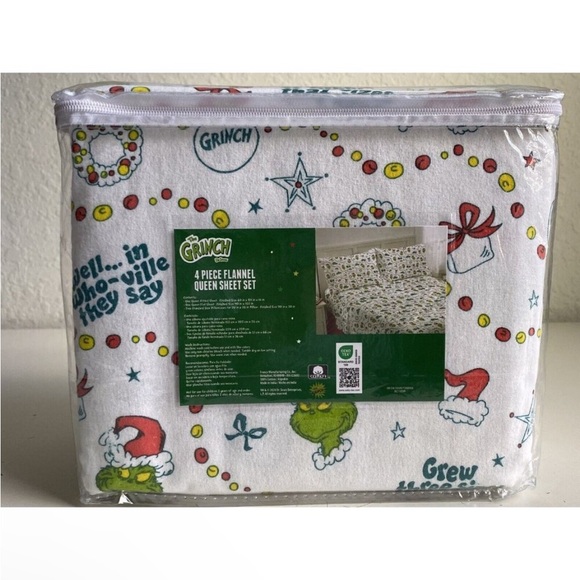 Dr. Seuss Grinch Bed Sheets Grinchmas Christmas Holiday Flannel Queen Sheet Set - Picture 4 of 10
